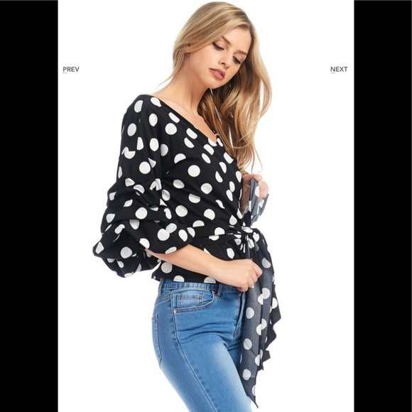 Polka Dot 3qtr Bubble Sleeve Wrap blouse - Picture 6 of 10